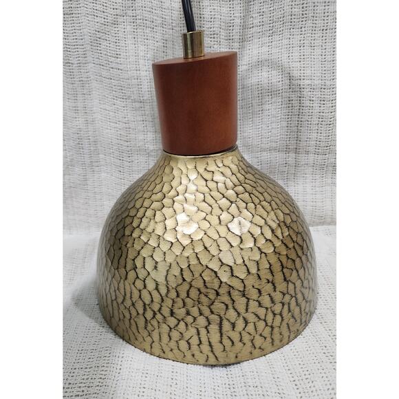 8″ Hammered Bronze Gold Pendant Light – Wood Accent - Picture 4 of 5